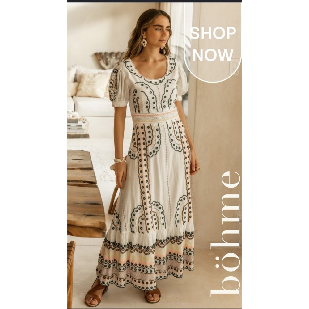 Bohme Embroidered Midi‎ Dress Women S White Eyelet Puff Sleeve Smocked